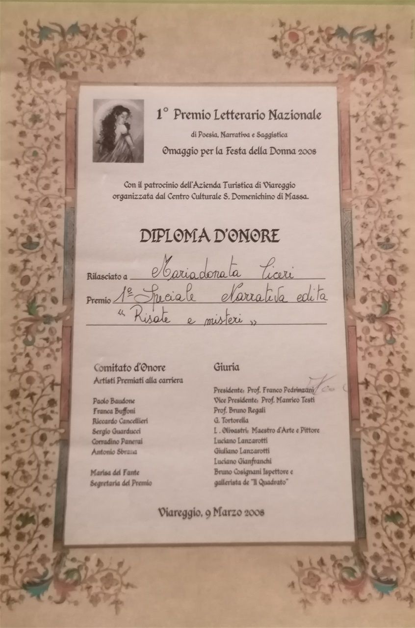 PRIMO PREMIO SPECIALE al libro RISATE E MISTERI - (Greco & Greco Editori) al Premio Letterario Nazionale di Poesia, Narrativa e Saggistica 