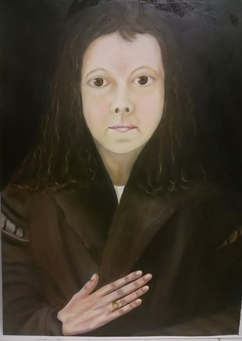 Autorretrato (rosto e mão) inspirado em Albrecht Durer. Óleo/ papel telado A3. Natural self-portrait (face and hand) inspired by Albrecht Durer. Oil on canvas paper 40x30cm.