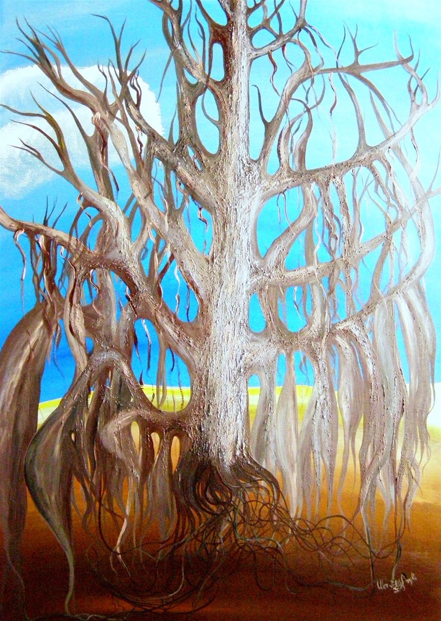 -Titolo: “L’albero della rinascita”
-Anno: 2013
-Misure: 70x50
-Tecnica: mista
-Supporto: tela
-Quotazione: €600,00

Un vecchio albero di banyan, che si caratterizza, per le sue radici aeree che crescono nei tronchi legnosi e si espandono per una vasta aerea divenendo “albero colonnare”. In India è un albero sacro “L’albero dei desideri”. (Da Wikipedia)
Nella mia interpretazione quest’albero muore per lasciare crescere nuova vita lasciando ciò che la sua parte di storia, affinché sia d’insegnamento alle nuove generazioni. Non ha foglie, perché attende che venga esaudito il suo desiderio: “Che ci sia pace nel mondo”.
