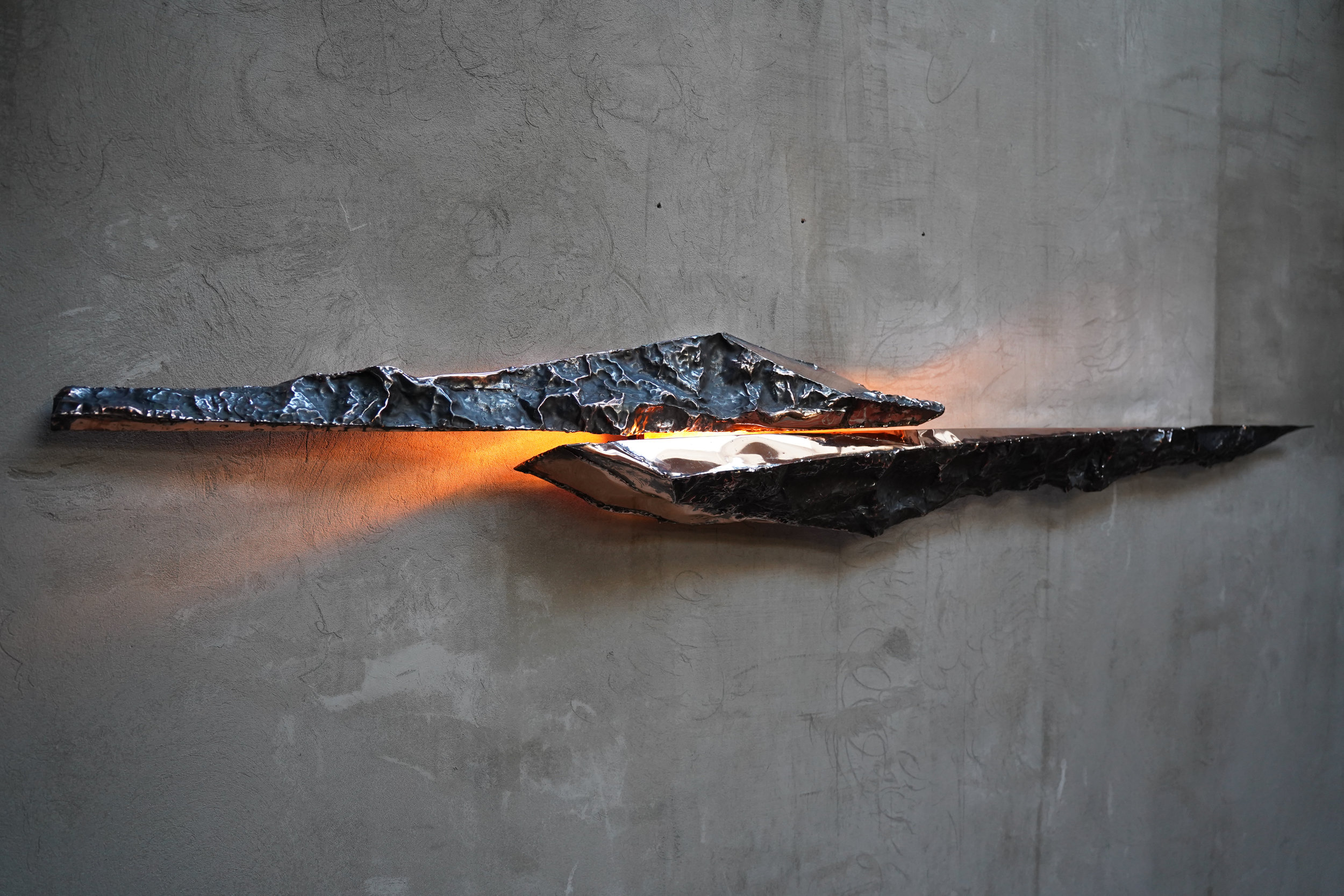 Event Horizon, contemporary light sculpture by Marius Ritiu, hand-hammered copper, 2025