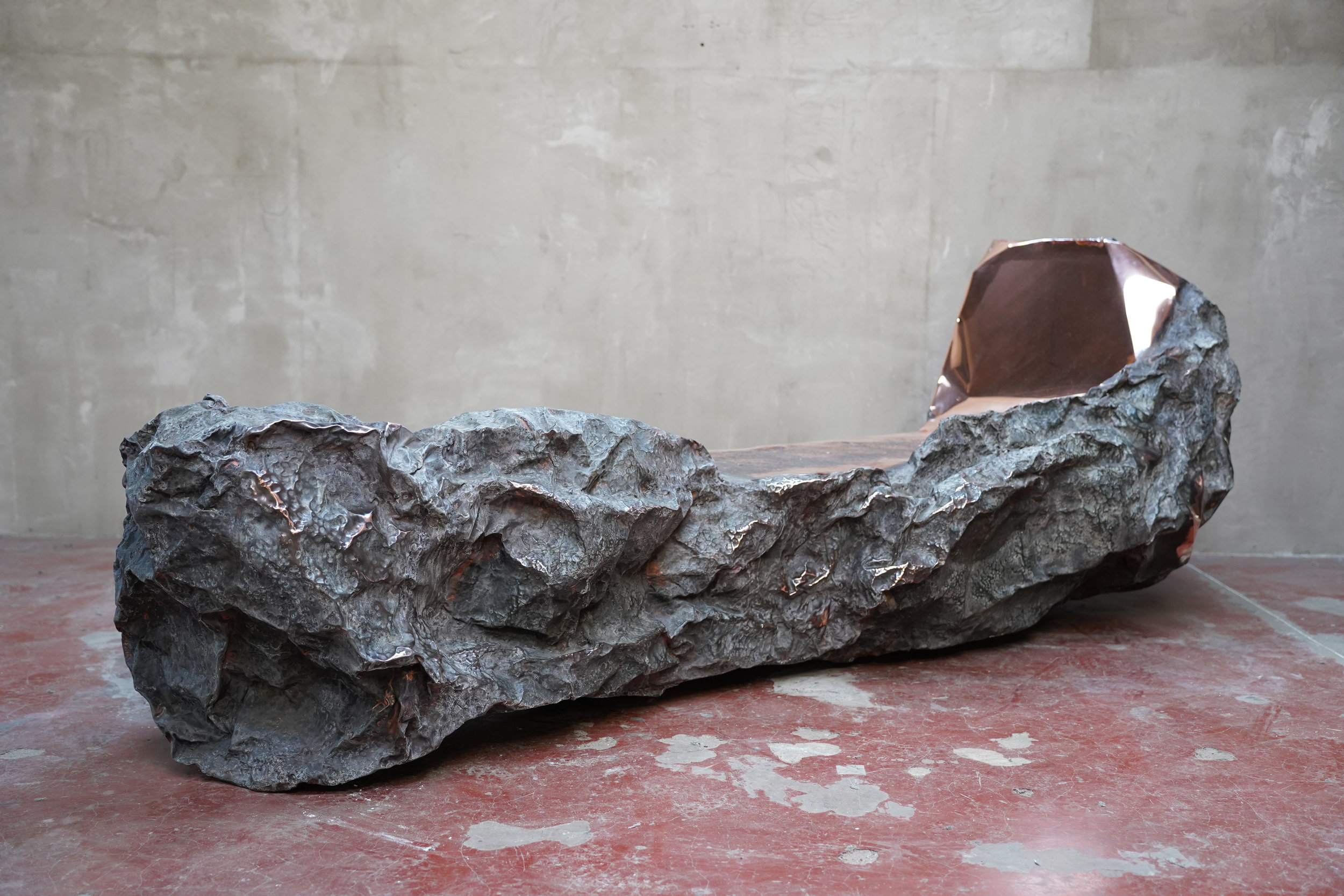 Meteor Relic, contemporary sculpture by Marius Ritiu, hand-hammered copper, 2025