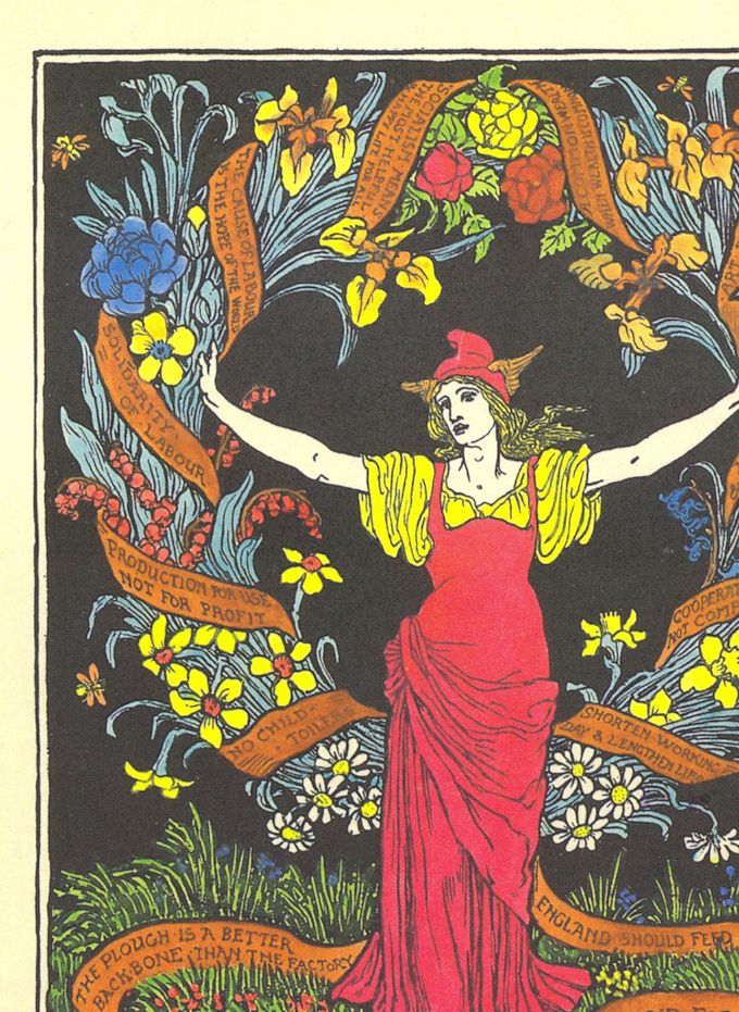 Poster by the artist Walter Crane. In 1890 May Day was celebrated as International Workers' Day, a day of protests in support of an 8-hour working day. It has remained a special day for campaigning in the  labour movement.