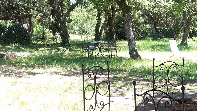 Coin repas sous le chêne vert devant la maison