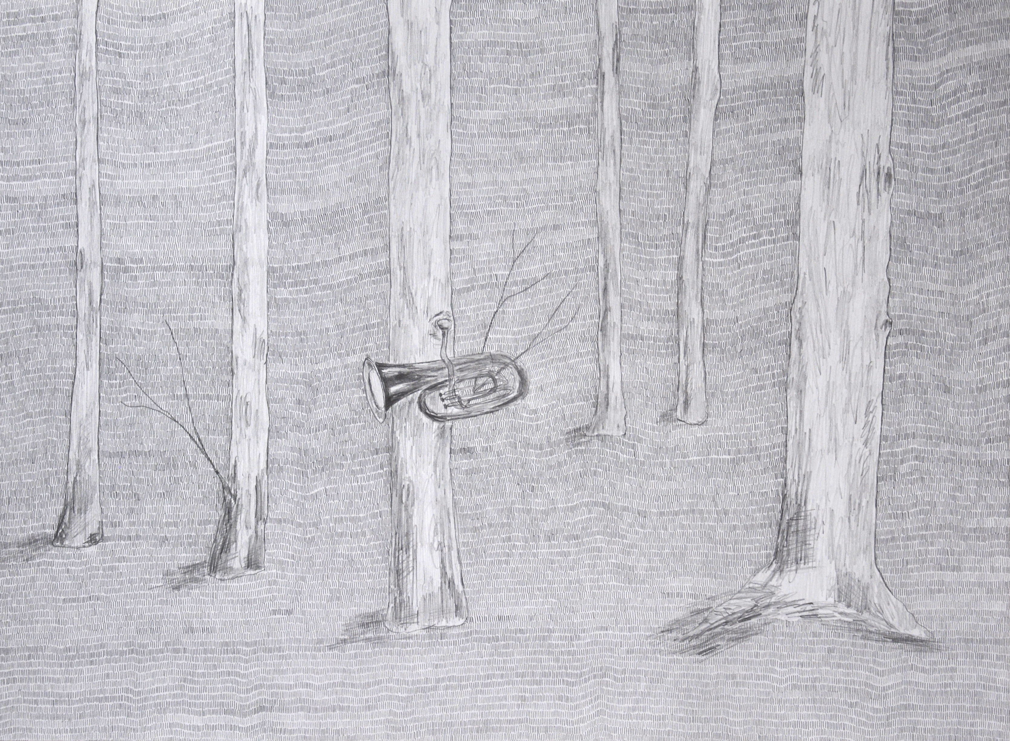 Graphite drawing of a forest playing a tuba (part of a series). Scann of original work. 