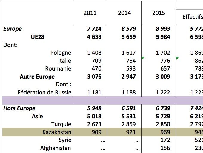 Répartition par nationalité actuelle ou antérieure des personnes d’origine étrangère en Allemagne en 2011, 2014, 2015 et 2016. Source : Mikrozensus, définition étroite, Destatis.
Foreign origin population (narrow definition) by current or previous nationality in Germany (2011, 2014, 2015, 2016)