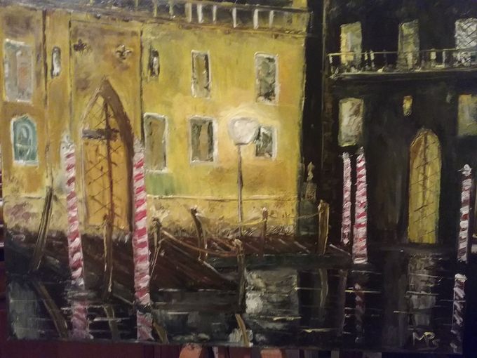 Venise la nuit -Huile aux couteaux -