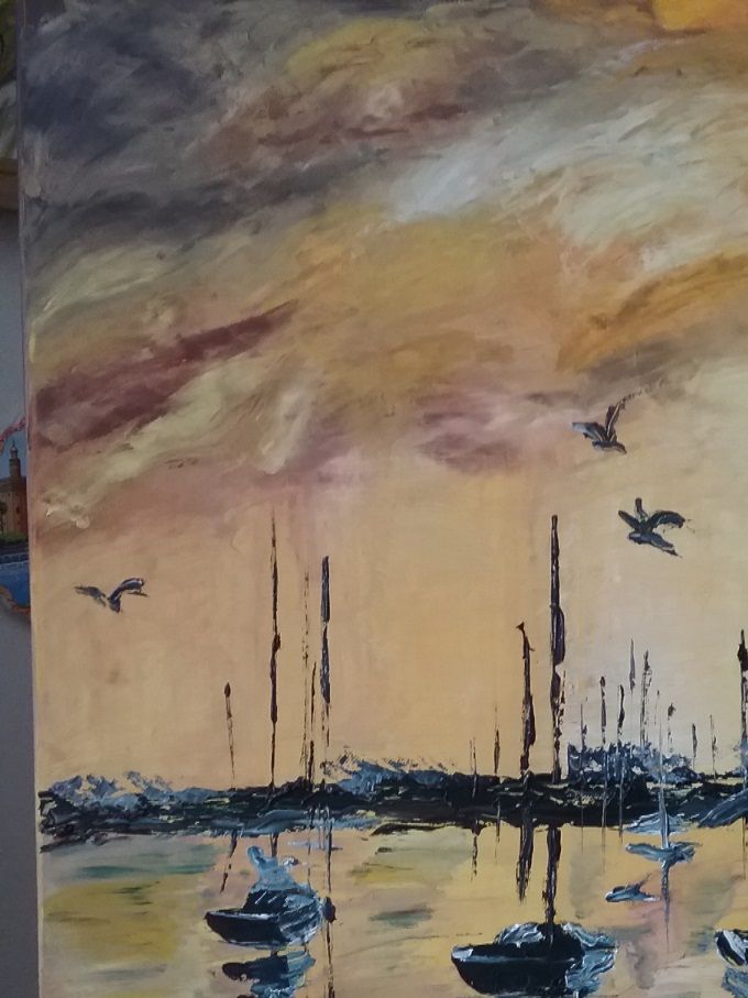 Bateaux au coucher de soleil  - Huile aux couteaux 