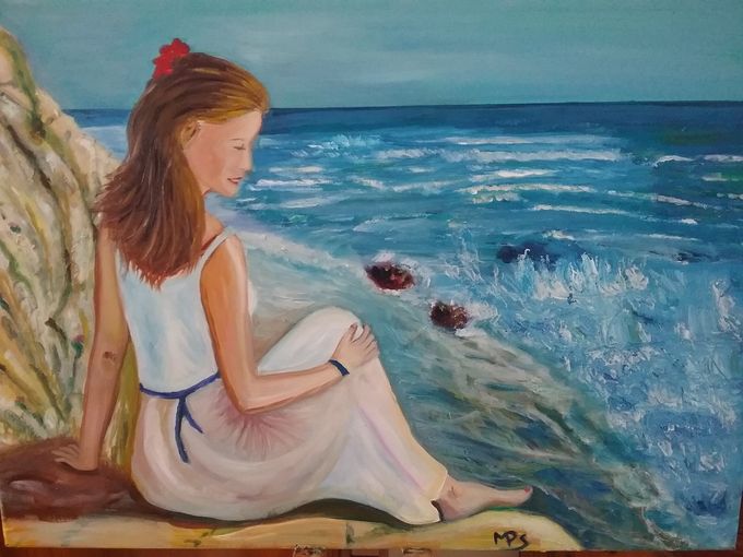 Jeune fille face à la mer - acrylique et huile  -
