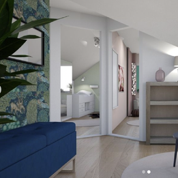 Rendering, 3D-bild. Siktlinje visar röd tråd i inredningen på våningen