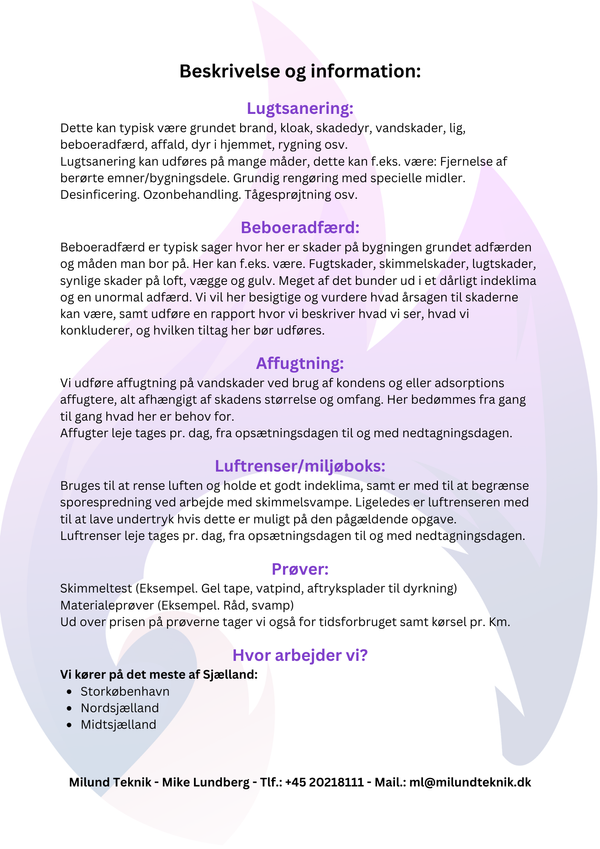 Milund Teknik info, information, lugtsanering, beboeradfærd, affugtning, luftrenser, miljøboks, prøver, test, beskrivelse