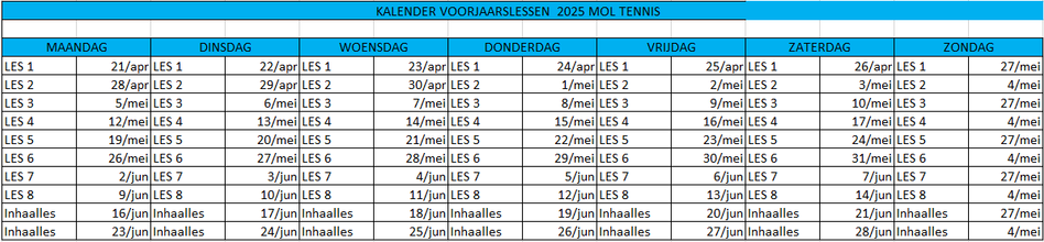 Kalender voorjaarslessen 25