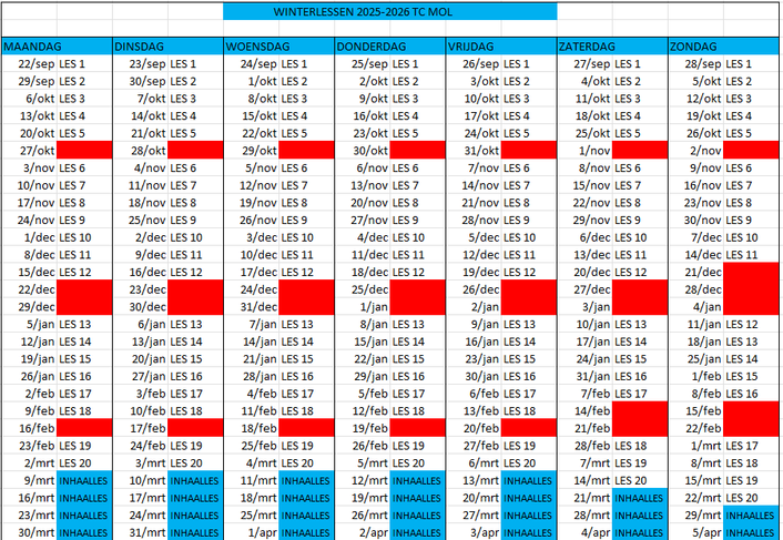 Kalender winterlessen 2025-2026