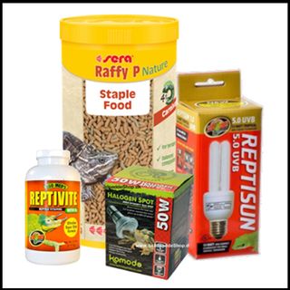 Dette mix redder liv. Reptisun 5,0 UVB-pære - 35 w. halogen spot varmepære - Sera Raffy p fodersticks - ReptiVite med vitaminer og mineraler.