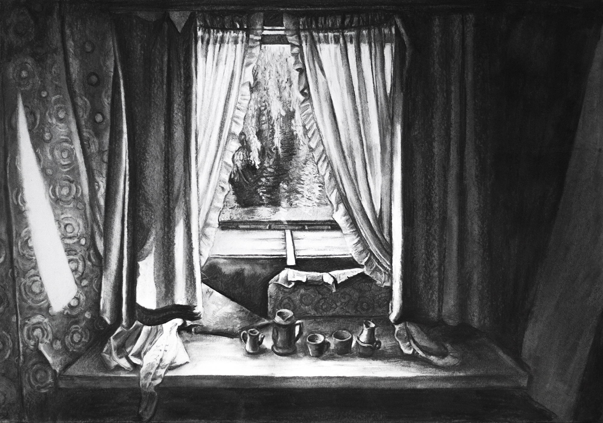Large charcoal drawing of an abandoned house by Natascha Mattens2020