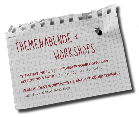 Willkommensseite . HP Nicole Minke: Notizzettel mit Angeboten zu Themenabenden und Workshops