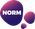 NORM's logo i en rund skæv form med gradient farver af mørkeblå og lyserød og med teksten Norm Critical Consulting