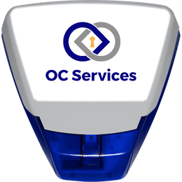 White and Blue bell box bearing OC Services company logo and name