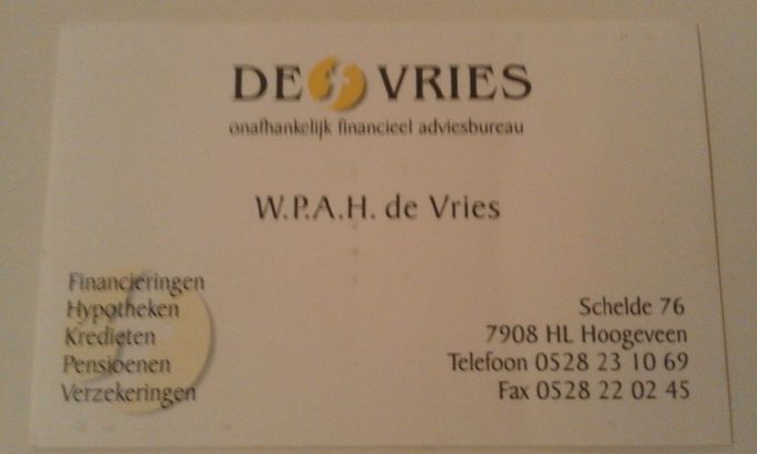 Current adress: Werner P.A.H. de Vries, De Rikke 34, 8141 HL, Heino Mobiel: 06-57343614 E-mail: wernerdevries@live.com
