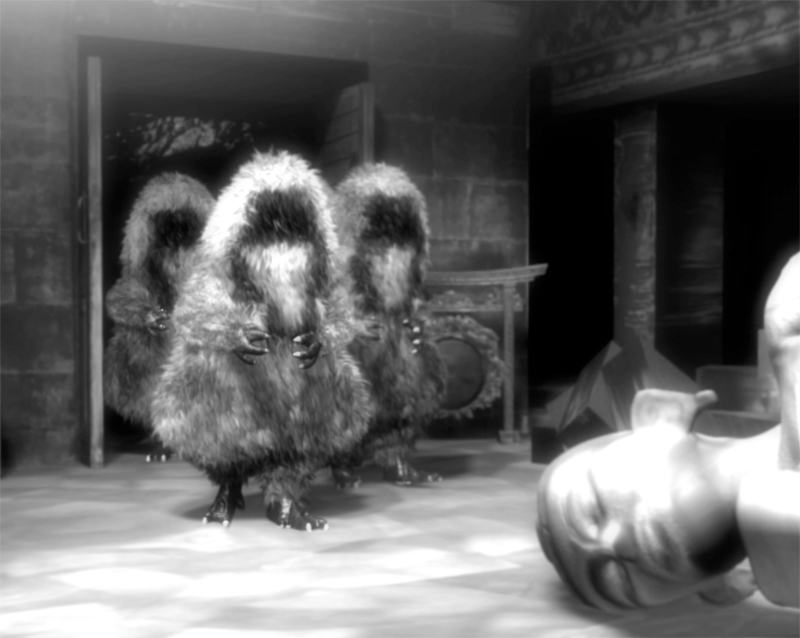 The Yeti enter the courtyard