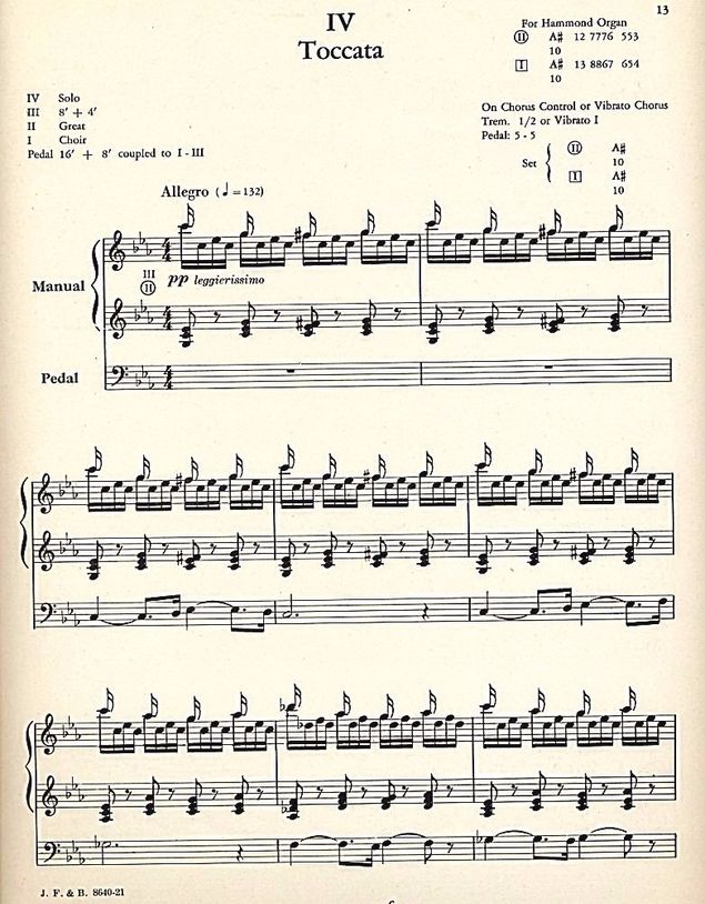 (con't from Part II)
Generally, when playing pedal passages from repertoire composed after 1800, the premise of playing it in a uniform legato using toes and heels in combination is good.
It can be very tricky, however, trying to make this premise apply to every situation.
A case in point is the opening passage from the Toccata from Suite Gothique, Op. 25, No. 4, by Leon Boellmann (photo).
This famous work is highly effective at captivating an audience and not fiendishly difficult to play, the 