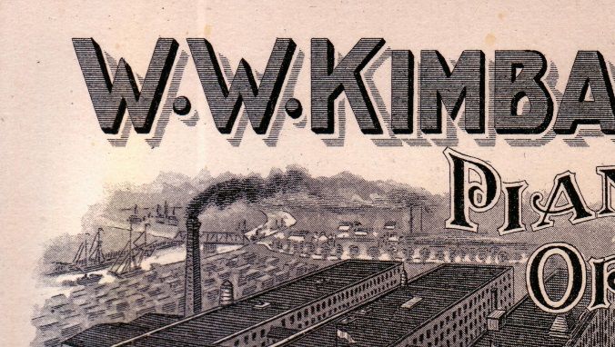 This early advertisement of the Kimball piano and organ factory (left) located at the corner of 26th and Rockwell Streets and the Kimball office and wareroom building (right) located on Wabash Avenue near Jackson Street in Chicago was printed by Metcalf Stationery Company of Chicago.