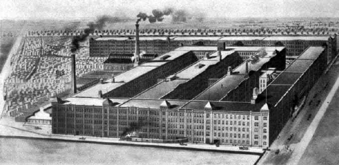 This lithograph image, a likely architectural draft, is found on the back of many Kimball contracts.  It represents the Kimball factory built on 7 acres at the corner of 26th and Rockwell Streets in southside Chicago.  This vast building was in the heart of Chicago's great manufacturing district, provided more than 850,000 square feet of working space, and was sold to McCormick (International Harvester) Works in 1954 when the Kimball firm vacated the building.  Destroyed by fire in 1974, this building no longer exists.