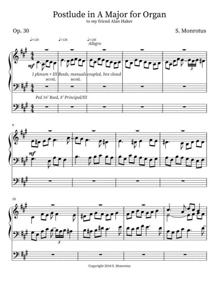 The Op. 30 Postlude in A Major is a stand alone 4-voice fugue written in quadruple counterpoint with 3 countersubjects maintained throughout (photo).
In this work the subject begins boldly on the mediant note and has a tail which points strongly to the dominant key, thus a real answer in the dominant is supplied; the tail of this subject also has a trill on the final note which is realized with notes having precisely specified time values; the upper auxiliary note of this trill is also tied to the preceding note.
Here, in accordance with the general practice of Contemporary music writing (c. 1900 -- present), the trill was not symbolized with a pictograph but written into the notation as ordinary notes and is omitted when the subject enters in the bass, since the pedal is not concerned with it.
When the note which is otherwise trilled enters in the bass the duration of the preceding note (which would have been tied to the upper auxiliary note of the trill) is lengthened by a unit of value (the most common note appearing in the composition -- in this case, an 8th note) to compensate for the missing trill and to avoid creating a disturbance in the rhythm.
In this densely contrapuntal work it was the composer's intention to realize this trill in accordance with Baroque performance practice which specifies at least 2 repercussions when a note is trilled (each upper appoggiatura, or auxiliary note, in a trill is called a 