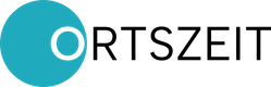 Ein türkisfarbener Kreis mit einer o-förmigen Aussparung in der rechten Hälfte, gefolgt von den restlichen Buchstaben des Wortes Ortszeit, bildet das Logo des Projektes.
