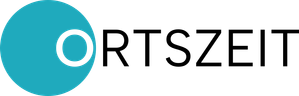 Ein türkisfarbener Kreis mit einer o-förmigen Aussparung in der rechten Hälfte, gefolgt von den restlichen Buchstaben des Wortes Ortszeit, bildet das Logo des Projektes.