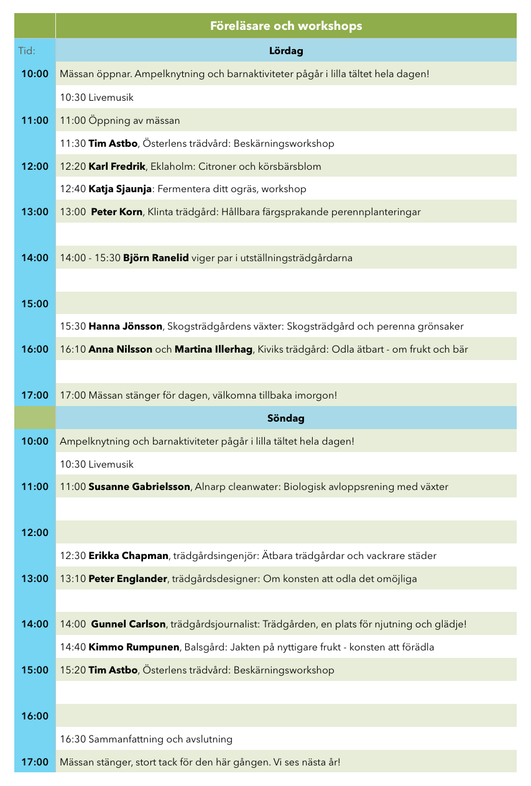 Schema för föreläsningar och workshops Österlen Garden Show 2018