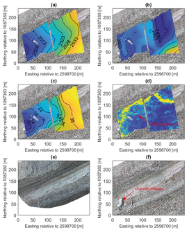 Figure 6 of the article "Characterization of subglacial marginal channels". (d) shows the instantaneous GPR amplitude at the glacier bed, displaying a major subglacial channel in yellow.