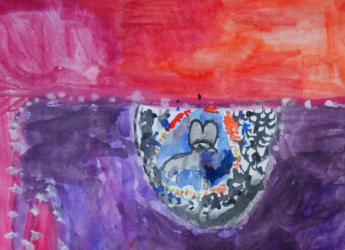 Dessin réalisé par un enfant au fusain et à l'aquarelle sur le thème de l'Inde
