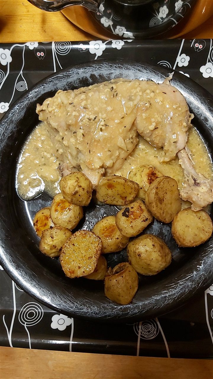 Chicken Dijonnaise with Chat masala roast potatoes