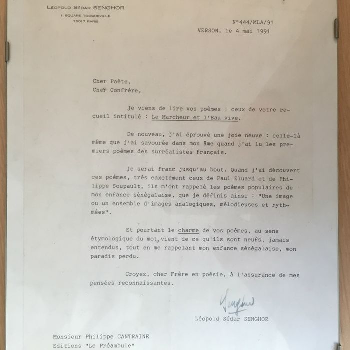 lettre de Léopold Sédar Senghor adressée à Philippe Cantraine en date du 4 mai 199,1à l'occasion de la paution à Montréal du recueil 