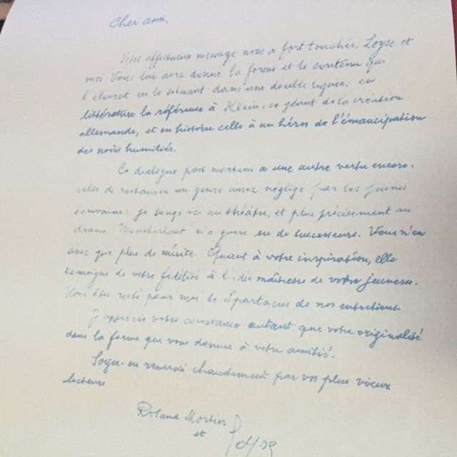 Lettre du professeur Roland Mortier à l'auteur à l'occasion de la parution de Fort-de-Joux. La lettre est également signée par Loïse Mortier. 