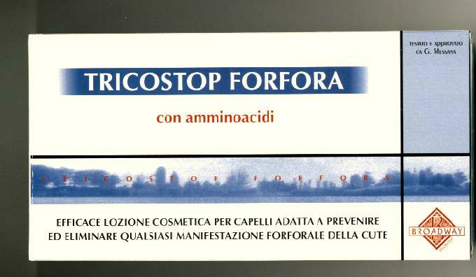 FIALE  TRICOSTOP FORFORA
€.26,00

Contiene  100 ml di prodotto alcolico a 45% in 10 fiale da 10ml

LA LOZIONE TRICOSTOP FORFORA E’ UN COSMETICOCHE SERVE

ESCLUSIVAMENTE NEI CASI DOVE  E’ MANIFESTA  UNA DESQUAMAZIONE

DELLA  CUTE. DURANTE L’APPLICAZIONE E IL MASSAGGIO, QUALCHE

SOGGETTO  POTRA’ AVVERTIRE UN MOMENTANEO SENSO DI  BRUCIORE

DOVUTO ALLA PRESENZA IN FORMULA DI ALCOL ERTILICO.

L’AZIONE BENEFICA  DELL’AMINOACIDO CISTEINA PORTERA’ I RISULTATI

VOLUTI, NON PRIMA DELLA TERZA  O  QUARTA APPLICAZIONE.

SEGUIRE SCRUPOLOSAMENTE LE ISTRUZIONI.

MODO  D’USO:

VERSARE SULLA  CUTE IL CONTENUTO DI UNA FIALA TRICOSTOP FORFORA,

QUINDI ASCIUGARE COL PHON DOPO ALMENO 5 MINUTI DI POSA.

RIPETERE L’OPERAZIONE  SEMPRE DOPO LO SHAMPOO  ALMENO 2

VOLTE  LA  SETTIMANA. USARE  LO SHAMPOO  TRICOSTOP FORFORA,

OPPURE  LO SHAMPOO DETERGENTE  ANFOTERO TRICOSTOP FORFORA.

IN SEGUITO, PER MANTENERE LO STATO OTTIMALE RAGGIUNTO,

USARE LA LOZIONE TRICOSTOP METODO IDRATANTE E RINVIGORENTE

.
COMPONENTE  ATTIVO:  CISTINA  0,5%

 

Broadway cosmetic  s.a.s.

via  Rivette n°20,  cap.10073  Ciriè, fraz. Devesi Torino (Italy)

Tel.+390115369042.Tel.+390115505215.Fax.+3901109652027.
