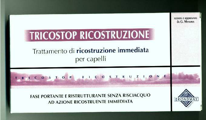 FIALE  DI  RICOSTRUZIONE IMMEDIATA
€.26,00

La Lozione Tricostop Trattamento di RICOSTRUZIONE   IMMEDIATA in fiale,

o in Crema, si usa per restituire un’ottima  pettinabilità e lucentezza al capello

qualora lo stesso ne abbia perso la caratteristica vitale in conseguenza di

trattamenti chimici aggressivi  o esposizioni al sole estivo, all’acqua di mare,

o di piscine  clorate.

L’intervento con Tricostop RICOSTRUZIONE IMMEDIATA consiste

Nell’asportazione delle cellule danneggiate mediante l’effetto peeling

Dato dalla crema all’acido gli colico 5% la quale rilascia il capello

Notevolmente ammorbidito e libero da scorie metaboliche opacizzanti.

Farà poi seguito l’applicazione della fiala Tricostop  “TRATTAMENTO RICOSTRUENTE”

 ad alto contenuto cheratinico, che contribuisce a dare  corpo a vigore al capello.

È’ possibile comunque usare anche soltanto la crema oppure soltanto la fiala,

a secondo delle necessità del capello da trattare.

La fiala può essere usata settimanalmente, mentre la crema è consigliata

ogni 3 o 4  mesi, o in cicli consigliati dagli operatori parrucchieri.

Modalità D’uso:

Lavare bene i capelli,  Applicare una consistente dose di crema Tricostop Ricostruzione

È partendo dalla cute, pettinare con effetto massaggio fino alle punte.

Il tempo di posa è di 15 minuti con cuffia termica, oppure 10 minuti

con l’ausilio di macchine riscaldanti.

Risciacquare sommariamente e ripetere brevemente il massaggio con il pettine  e poca crema.

Risciacquare bene definitivamente.

Applicare la Fiala  Tricostop Ricostruente, avendo cura di bagnare solo i capelli,
(disperdere il contenuto sulla cute  non serve) asciugare bene con Phon o casco

Broadway cosmetic  s.a.s.

via  Rivette n°20,  cap.10073  Ciriè, fraz. Devesi Torino (Italy)

Tel.+390115369042.Tel.+390115505215.Fax.+3901109652027.