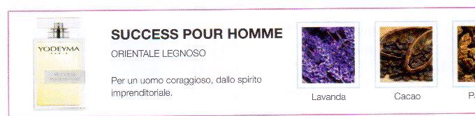 Descrizione —

La combinazione sexy ed elegante delle note di cuore e di fondo fa di questo profumo una scommessa che segnerá tendenza. 
Note Olfattive —

Orientale, Legnoso
Success Pour Homme è un profumo per un uomo coraggioso, dallo spirito imprenditoriale.
Note di Testa, sono le prime del profumo a essere apprezzate.
Note di Cuore, rappresentano l'anima del profumo.
Note di Fondo, danno profondità al profumo.

Nota di Testa

Lavanda

Nota di Cuore

Cacao

Nota di Fondo

Patchouli
