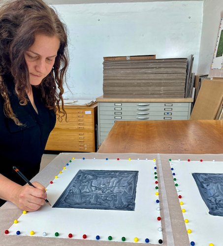 Liat Yossifor signing her watercolour monotype series 'Seascapes'