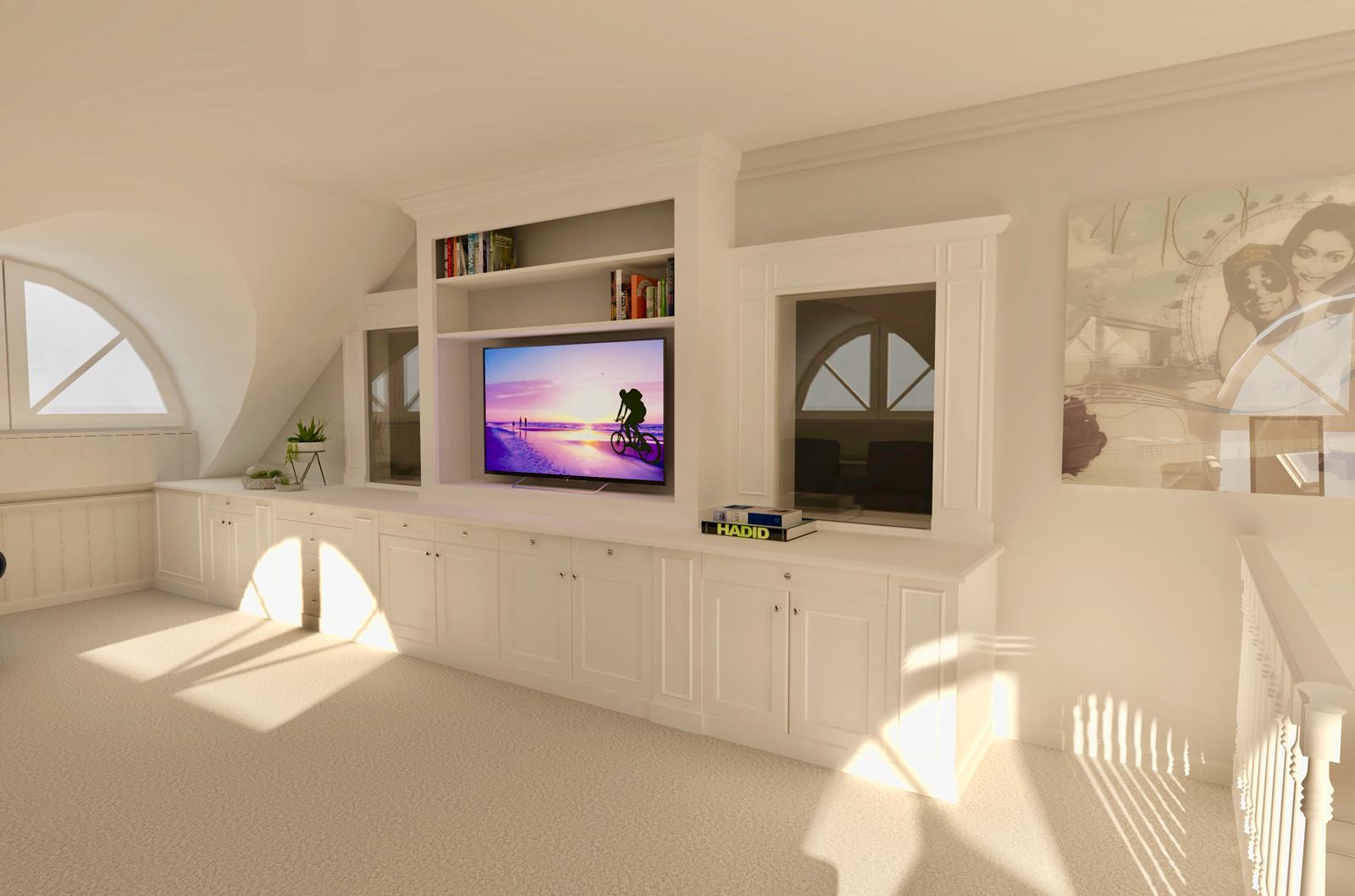 Meuble tv  sur mesure en bois blanc encastré dans les combles , grenier
