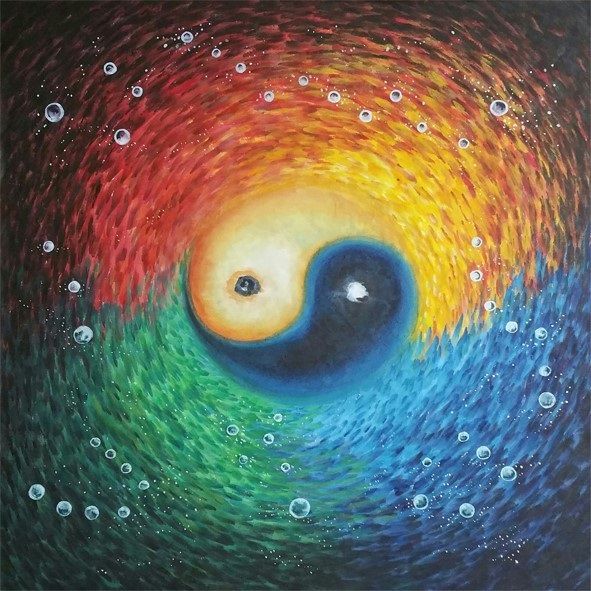 Color of Surupa Taiji Diagram. Pu Wei’s master art piece is called “Color of Surupa Taiji Diagram.” The Taijitu symbol consists of two (one black and one white) swirling ‘tear drop’ shapes, representing yin and yang. Taiji concept means “the supreme ultimate’ and Taijitu diagram expresses both “yin” and “yang” as the opposites forming a circle exists in complete harmony; the white shape symbolizes “delusion” while the black representing “enlightenment”. This artistic ideology is grounded in the important religious and philosophical tradition of Taoism, which emphasizes that all contrasting elements in nature are inter-dependent and cannot exist in isolation. For the aesthetic ethics of arts, the Chinese artists consider the “swirling motion” suggested by the Taijitu symbol as the divine circle of life, a constant reborn process for all elements in nature.  Pu Wei was inspired by an ancient Chinese legend for this Taijitu painting. According to legend, in ancient times sage “Fuxi”, sitting by the riverside of Luohe (Luyang county, China), suddenly saw a turtle with the map on its back showing heaven with 9 circles diagram. Enlightened by this diagram, Fuxi created this Taiji Baqua Diagram (this diagram includes Luohe 9 stars with numerous fishes swarming the sea, color changing, and swirling motions collecting all energy “qi” in one). Pu Wei pioneered in applying Color of Surupa to express the ancient Chinese philosophical view of the universe and nature. With her unique imagination combined with skillful brushstrokes, Pu Wei has vividly brought the more powerful “qi” (energy) out of this Taiji diagram. Brushstrokes.