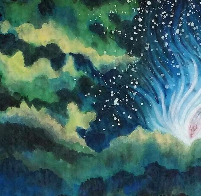 《万物生》： 莲心摇动，万物始生，画中白色摇曳的花型，似手印、似白莲……, 其间蕴含着粉红色的“胎元”。