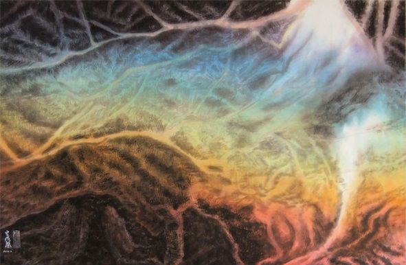 《龙脉》：古代文人追求老、庄之道，故玄学思想体现在山水精神之中，这幅画俯瞰大地，气韵蒸腾，有山川龙脉之气，光耀大地之象，似经络，似树根，似地图…..，让人自由想象。