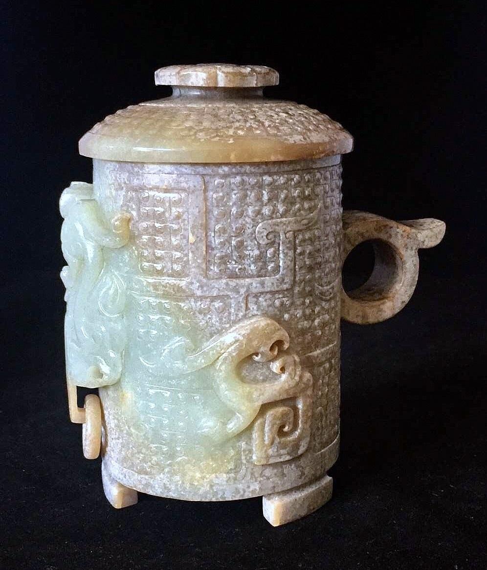 中国　古銅　鹿刻　玉石装飾　稀石嵌込　高足盃　杯　時代箱付　V　R8138 中国 古銅 鹿刻 玉石装飾 稀石嵌込 高足盃 杯 時代箱付 V R8138