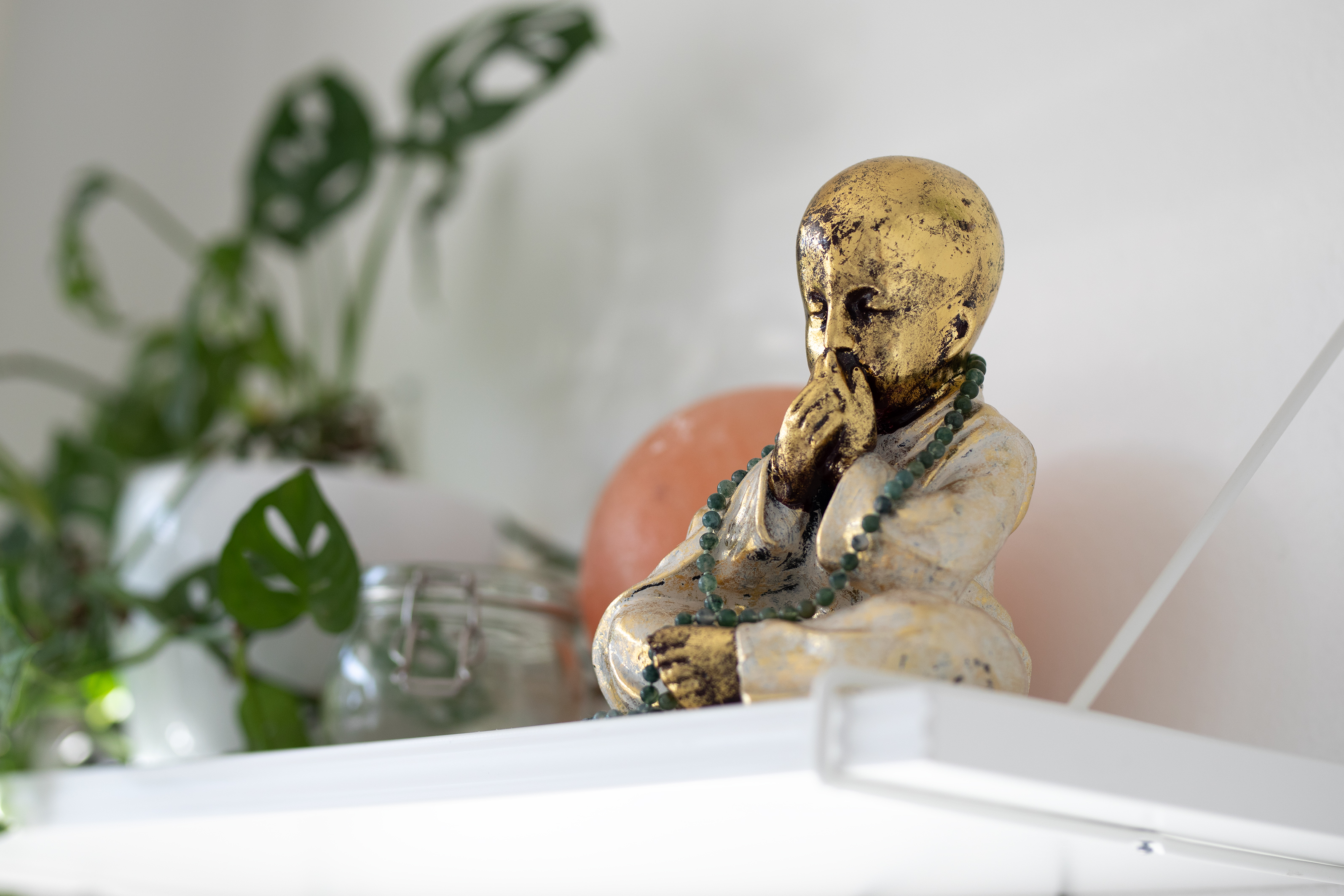 Buddhafigur og potteplante på hyl