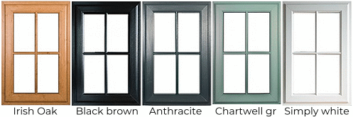 Irish oak, black brown, anthracite grey, chartwell green, simply white