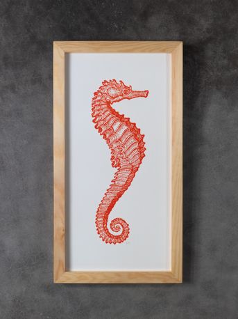 Linogravure. Hippocampe orange