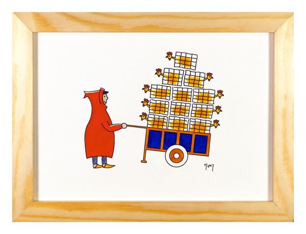 Aquarelle "Carrossa livreur de poules". Format 20 x 15 cm.