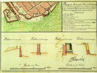 Plano en el que se aprecia la zona elegida por los aliados para realizar la brecha, con los perfiles de la muralla.
Realizado por Isidro Próspero Verbom el 29 de Octubre de 1725.
SGE, Cartoteca Histórica (Arm F, Tabl. 2, Carp. 1, N. 174)
