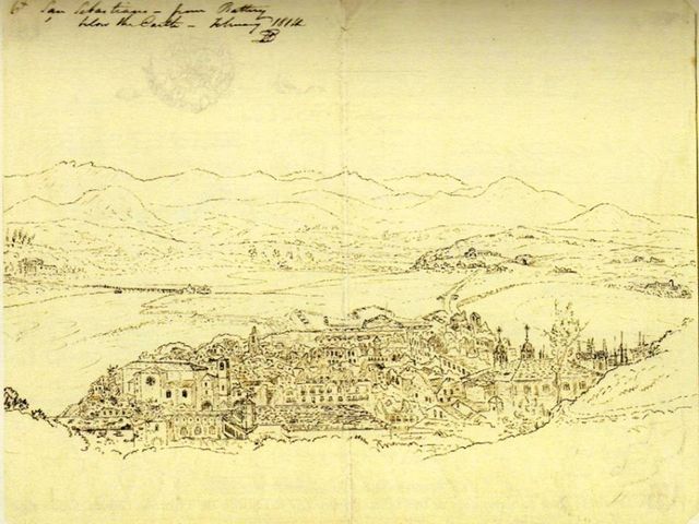 Vista de la ciudad de Thomas Driver desde el castillo el mes de Febrero de 1814. Aparece claramente reflejada toda la destrucción sufrida en el asalto y días posteriores. Los tejados de las edificaciones que sobrevivieron muestran también los efectos de las bombas inglesas.